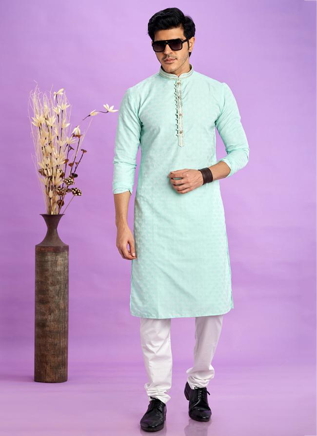 Art Silk Light Teal Green Festival Wear Jacquard Kurta Pajama